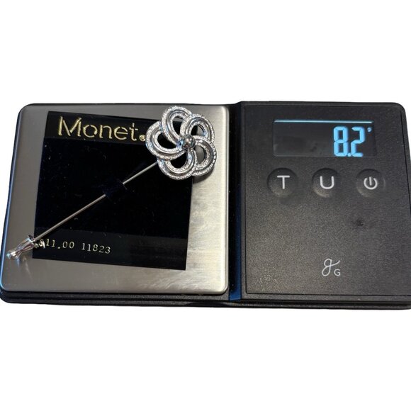 Monet Signed Vintage Hat Scarf Pin Flower Silver tone Floral Delicate NWT - Picture 5 of 6